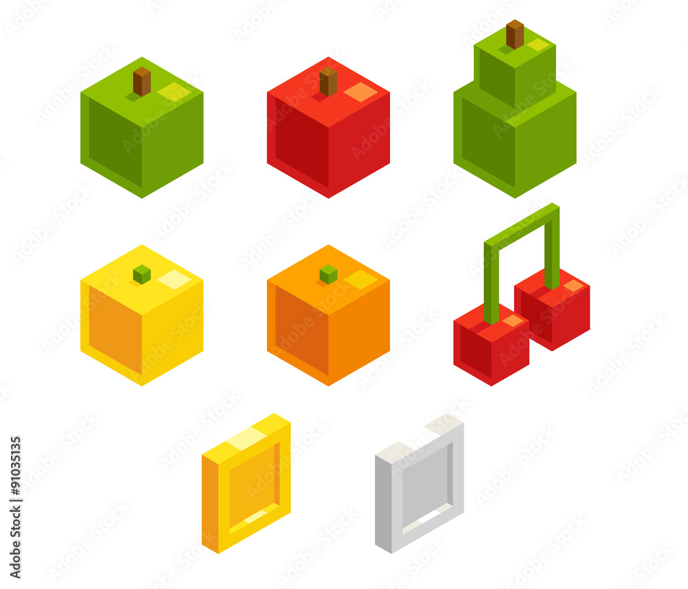 Isometric 8 bit pixel fruits and coins