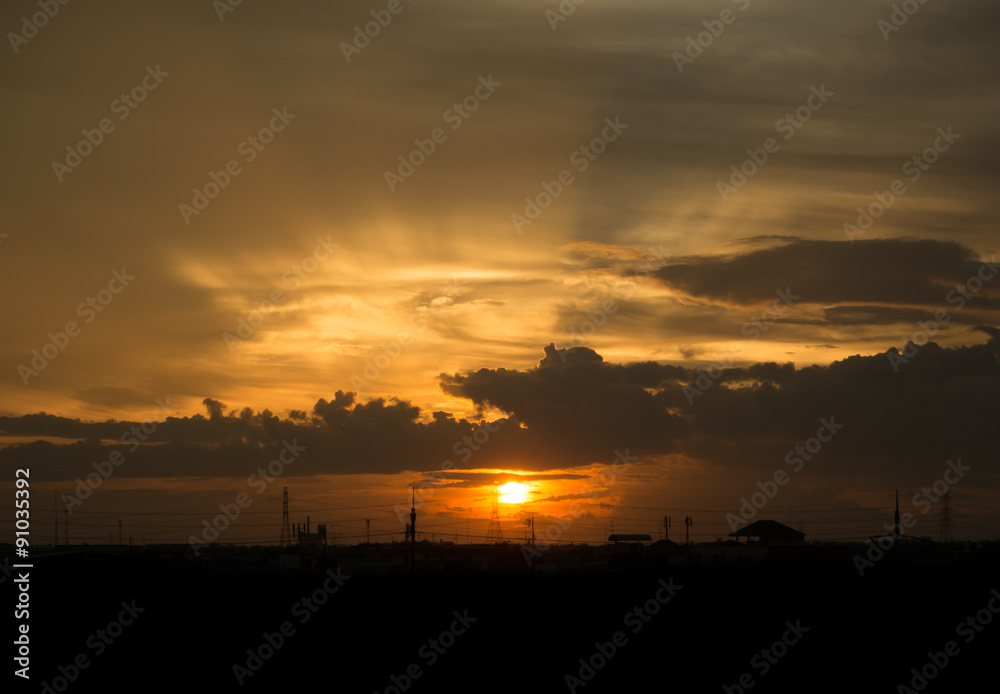 silhouette city view over sunset time silhouette city view over sunset time