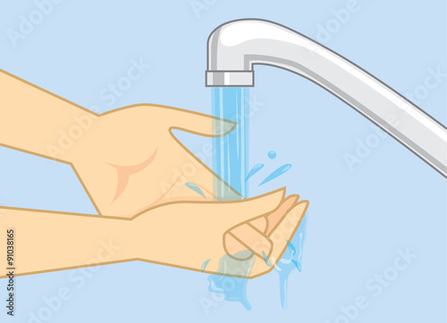 Cleaning hand with water from faucet on blue background, hygiene concept.