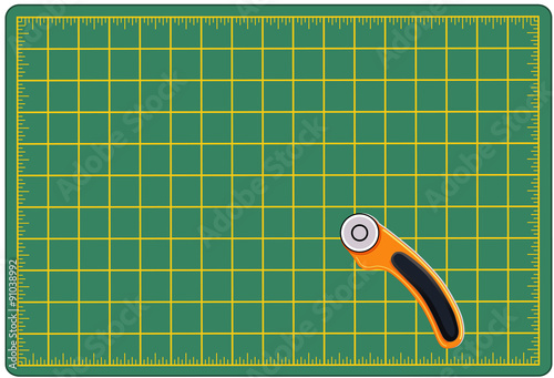 Cutting Mat, green self healing mat and rotary blade cutter for measuring and cutting materials for arts, crafts, sewing, quilting, applique, patchwork, do it yourself fashion.