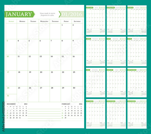 Monthly Calendar Planner for 2016 Year. Vector Design Print Template with Place for Notes. Week Starts Sunday. Portrait Orientation. Set of 12 Months