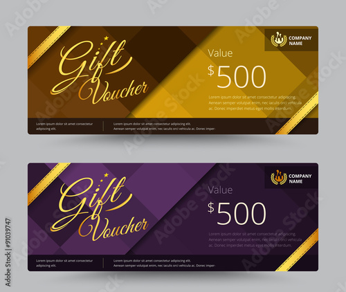 Gift voucher and coupon gold and purple color set. vector illustration.