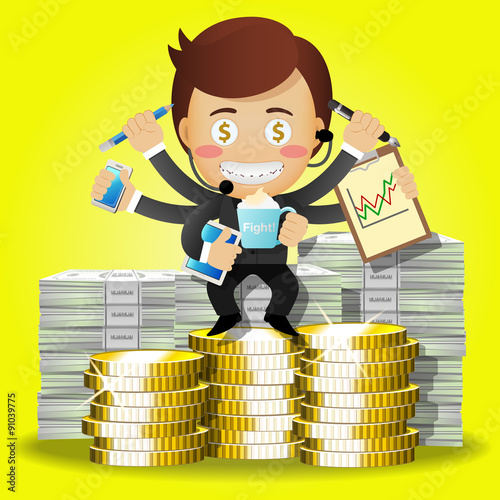 businessman with many arms and stack of coins and banknotes
