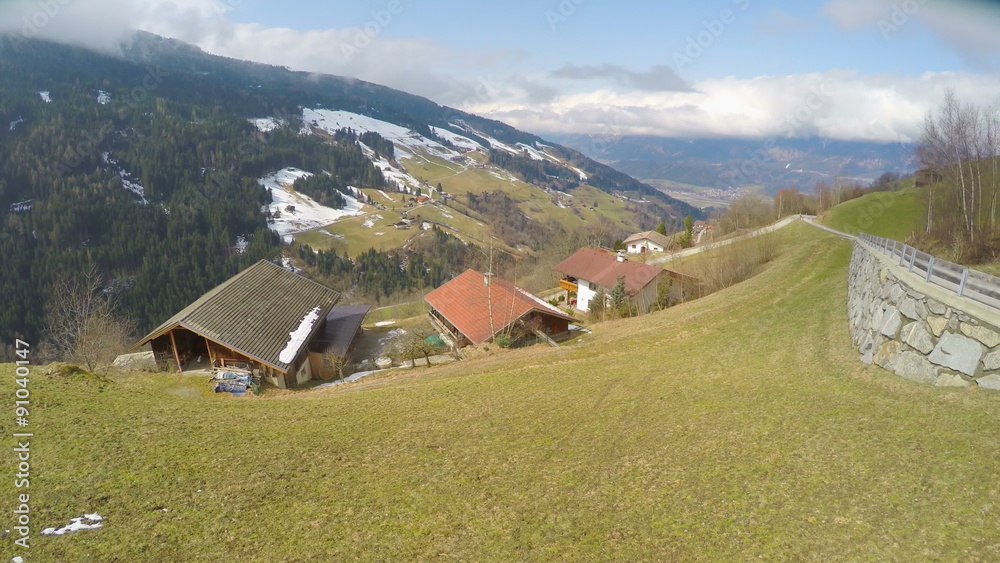 Aerial shot of private household, small farm in Austrian Alps, amazing top view Aerial shot of private household, small farm in Austrian Alps, amazing top view