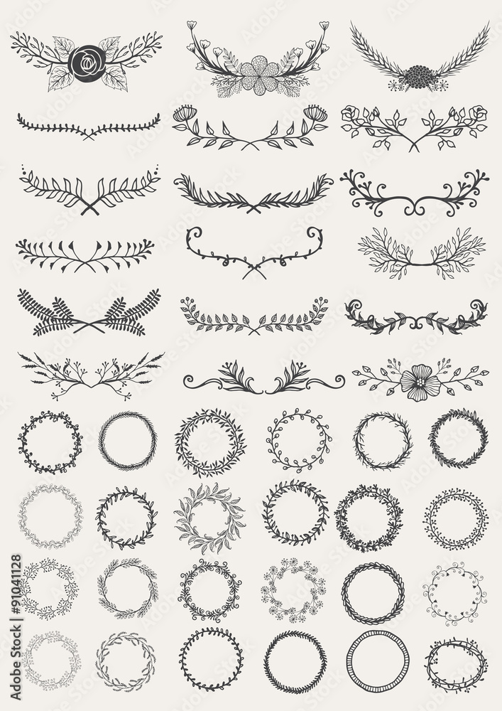 Set of hand drawn decorative wreaths and laurels