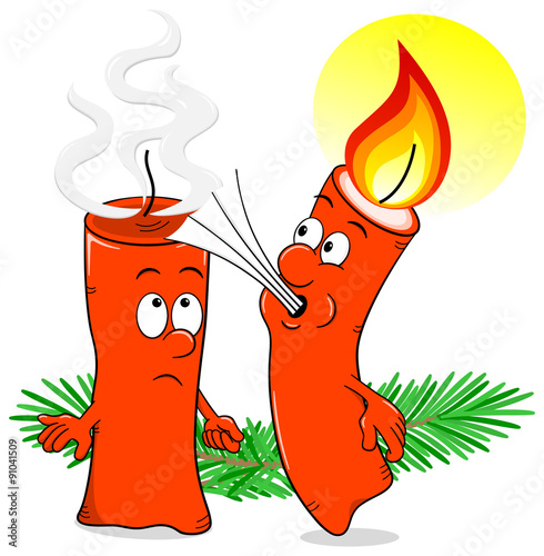 Cartoon weihnachtskerze bläst eine andere Kerze aus 