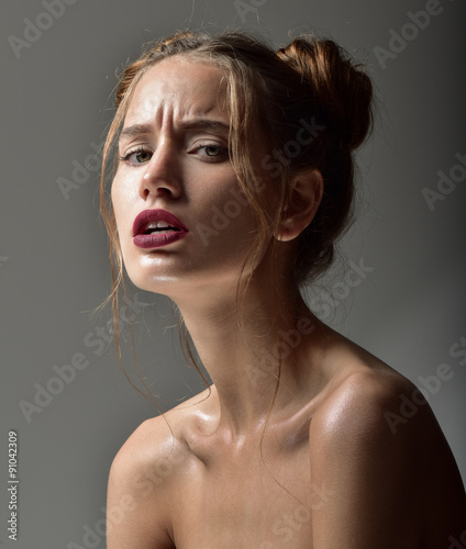 Beautiful Young Woman. Professional Makeup. Red Lipstick. Beauti
