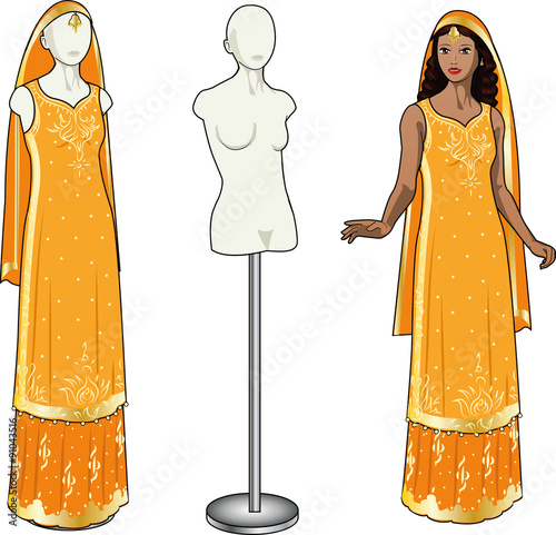 Beautiful asian woman tries on authentic traditional orange wedding sari in showing-room and gown on the mannequin isolated cartoon illustrations