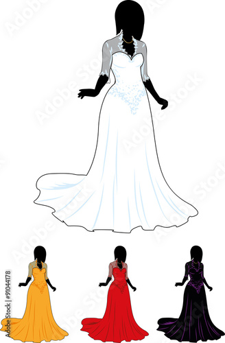 silhouette beautiful woman in white wedding gown and orange red black color variations isolated illustrations