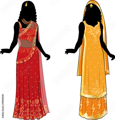 silhouette beautiful woman in authentic traditional sari indonesian wedding culture color and design variation isolated cartoon illustrations