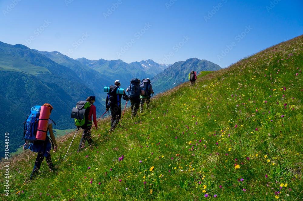 A group of tourists with backpacks is in the picturesque mountains.