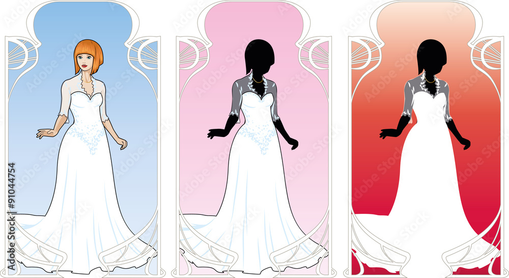 Beautiful caucasian woman in traditional white wedding dress on background in Art Nouveau frame color variation detailed figure and silhouette cartoon illustrations