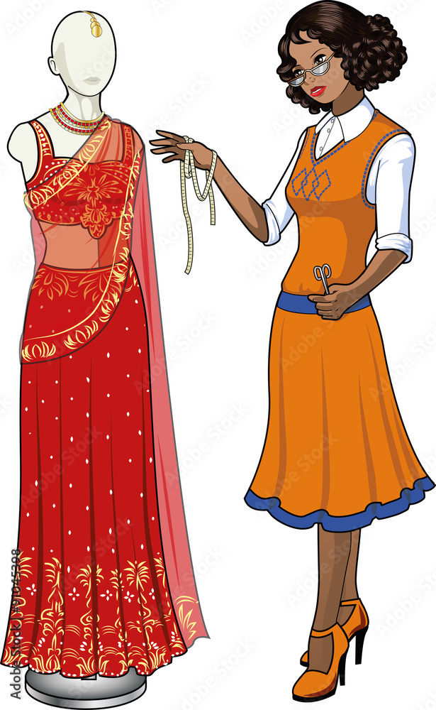 Beautiful indonesian or latin female professional costume designer works on  authentic traditional red wedding sari dressed mannequin isolated cartoon  illustrations vector de Stock | Adobe Stock