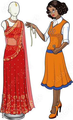 Beautiful indonesian or latin female professional costume designer works on authentic traditional red wedding sari dressed mannequin isolated cartoon illustrations