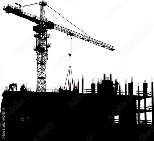 large black single crane and five workers