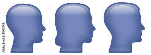 Button-Set: 3 menschliche Gesichter im Profil: weiblich, männlich, geschlechtsneutral / Vektor, freigestellt, blau