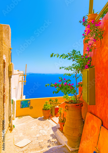 View to the sea from a typical traditional house of Oia the most beautiful village of Santorini island in Greece