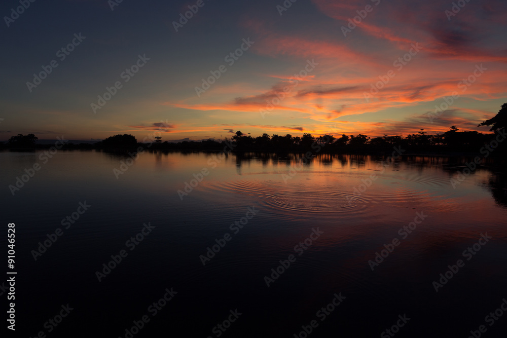 landscape with sunset on lake