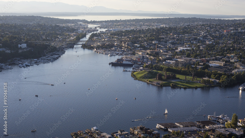 Aerial of Seattle, Washington, Lake Union and the Ballard Locks