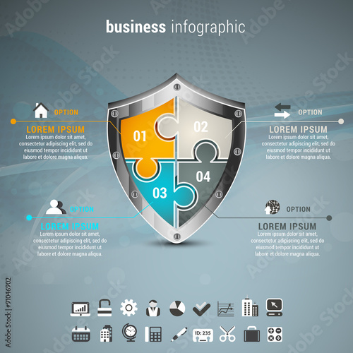Business Infographic with shield made of puzzle.