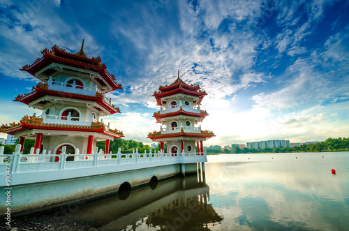 Photography Beautiful Chinese garden temple, Singapore