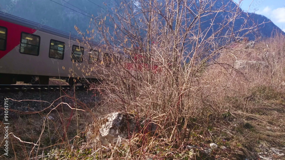 Passenger train passing by at high speed. Railroad transportation system