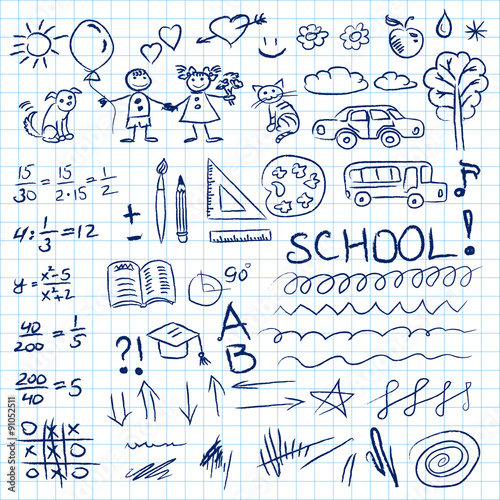 Back to school doodles set in notebook. Vector illustration.