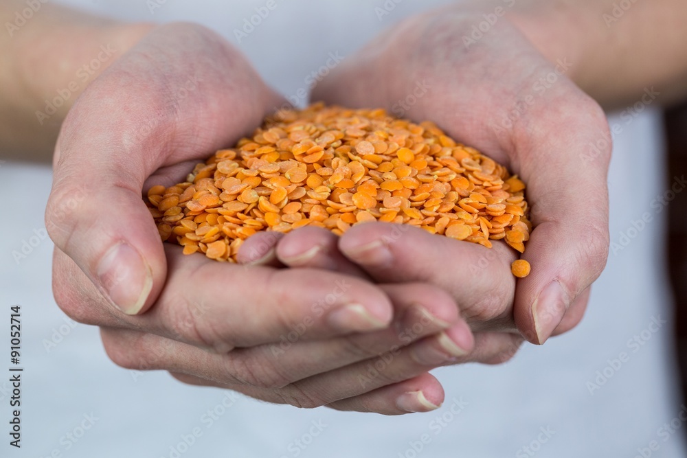 Woman showing handful of red lentils
