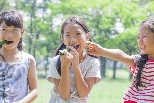 きゅうりを食べる小学生
