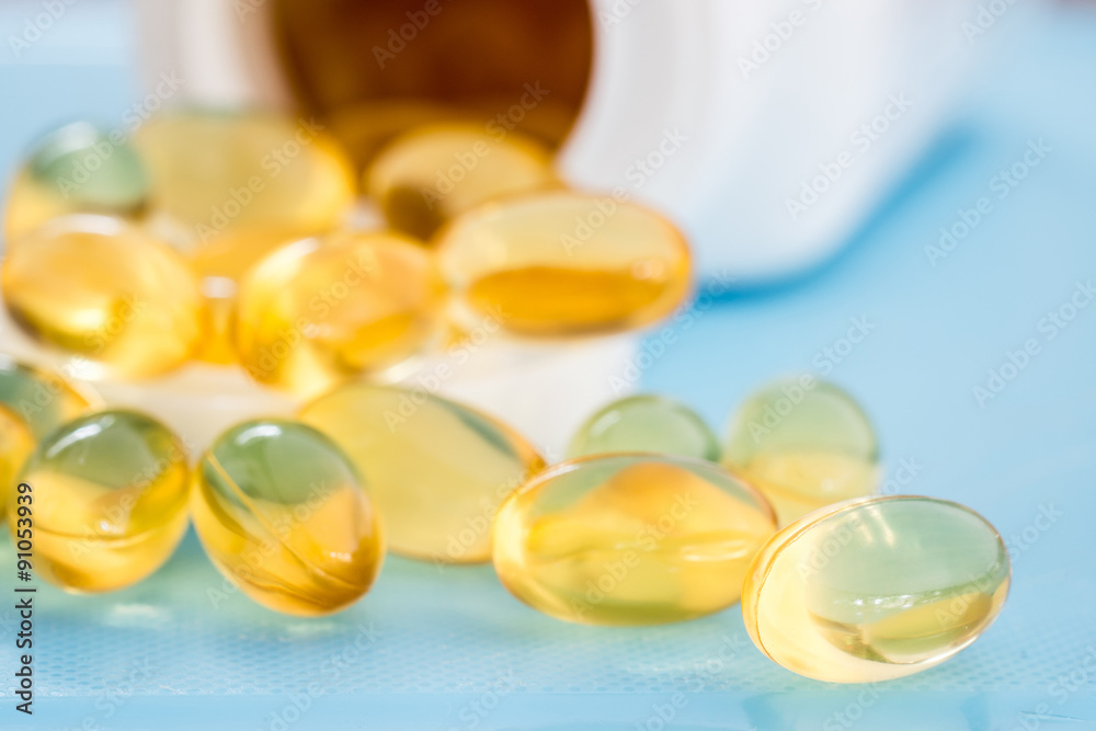 Fish oil capsules and container Fish oil capsules and container