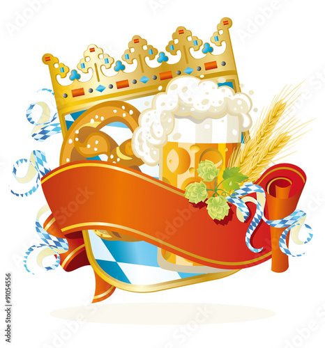Oktoberfest decorative Bavarian shield with beer mug, pretzel, hops, streamers and ribbon banner