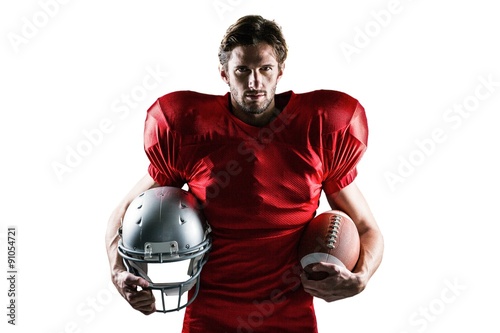 Confident American football player in red jersey 