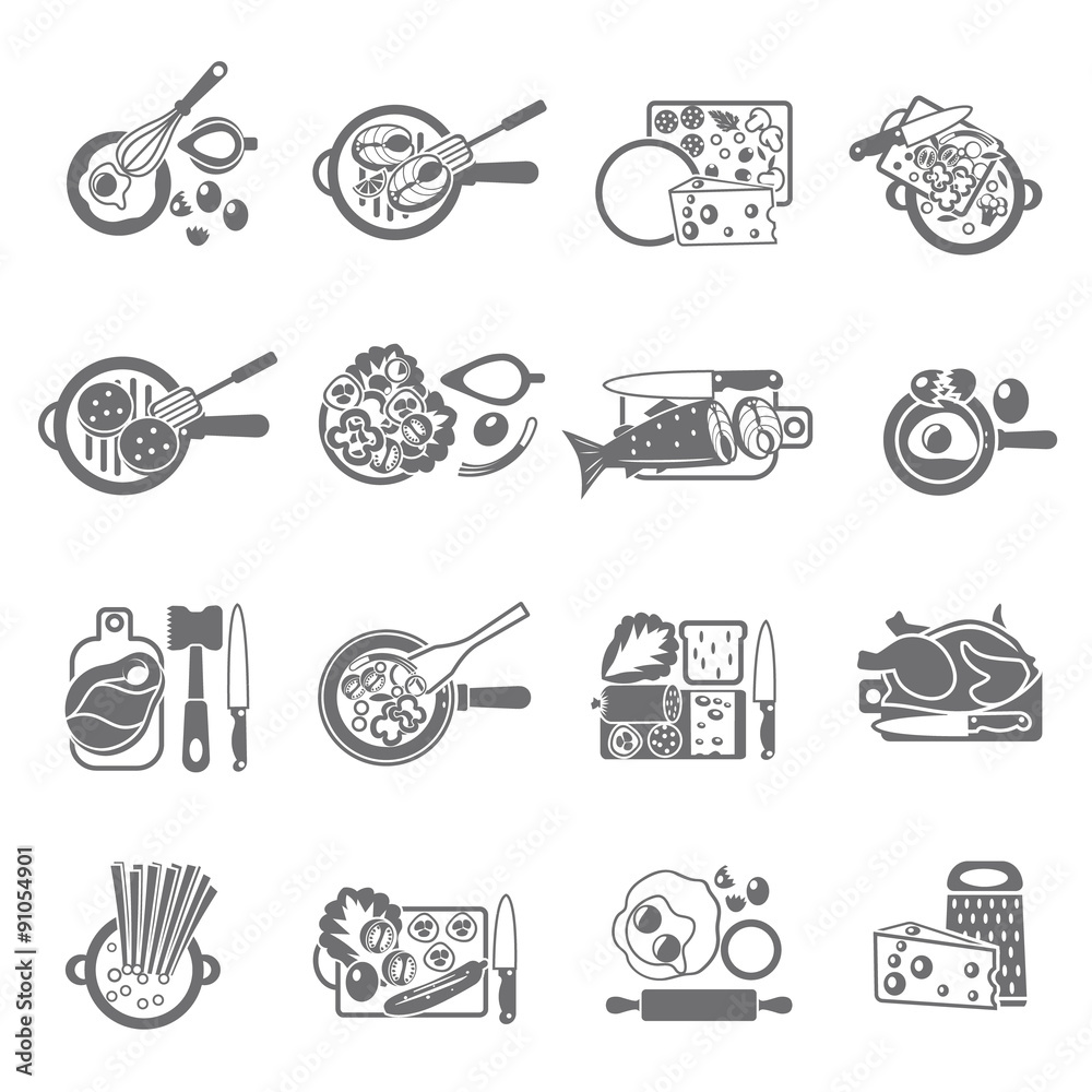 Home cooking black icons set