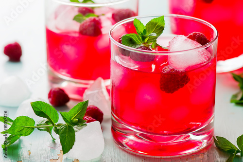 cold drink with raspberry, mint and ice