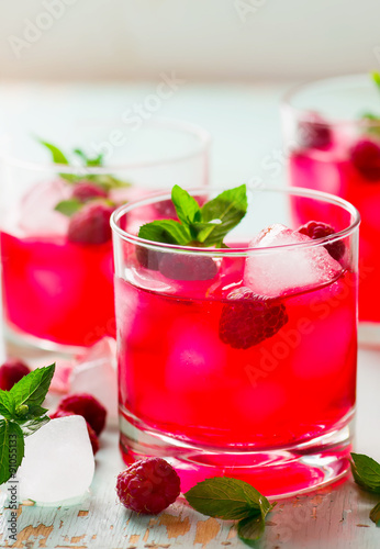 cold drink with raspberry, mint and ice