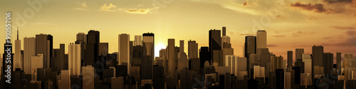 Fototapeta Naklejka Na Ścianę i Meble -  Sunrise-sunset city panorama / 3D render of modern city at sunrise or sunset