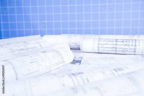Rolls of architecture blueprints concept