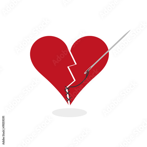Mending a Broken Heart, Vector Concept Illustration. Digital vector illustration about metaphorically fixing a broken heart with needle and thread. The stylized heart is red and broken into two pieces