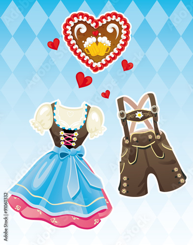 Oktoberfest Dirndl Dress and Lederhosen Traditional German Clothes isolated on Bavarian pattern background