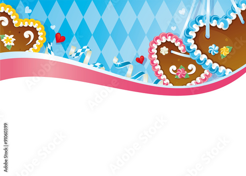 Oktoberfest banner with ribbon, gingerbread heart cookies and streamers on Bavarian flag background