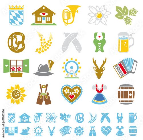 Munich Oktoberfest German culture flat color icon set