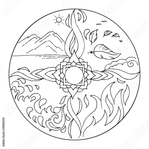 Coloring 4 elements Mandala Diksha. Earth, air,fire,water.