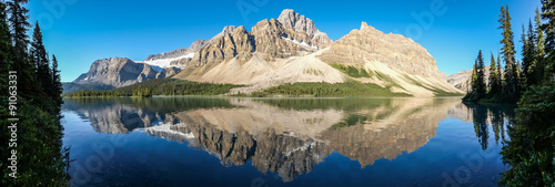 Crowfoot Glacier reflects on Bow Lake in Banff National Park
