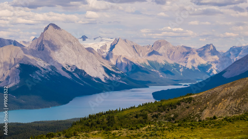 View of Maligne Lake and peaks from the Bald Hills in Jasper Nat
