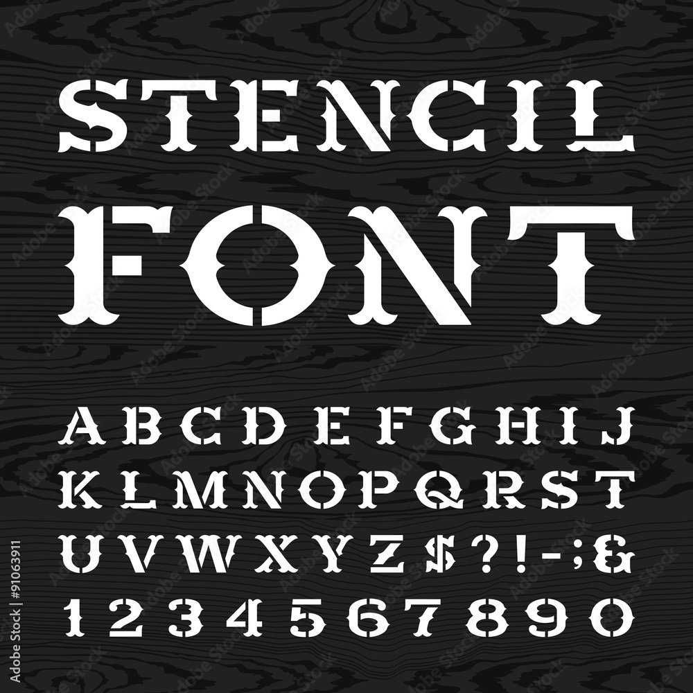 Western style retro alphabet vector stencil font. Serif type dirty letters,  numbers and symbols on the dark wood textured background. Vintage vector  typography for labels, headlines, posters etc. Stock Vector | Adobe