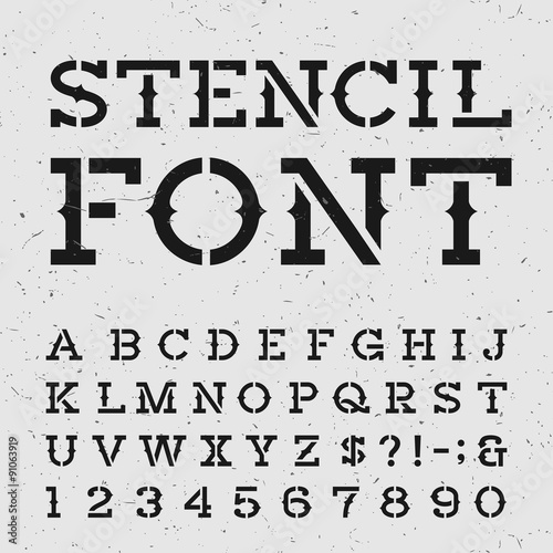 Western style retro alphabet vector stencil font. Serif type letters, numbers and symbols on the distressed background. Vintage vector typography for labels, headlines, posters etc.