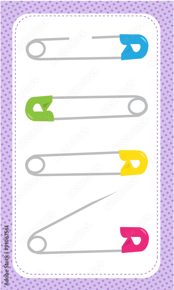A picture of a blue, green, yellow, and pink safety pins. A picture of a blue, green, yellow, and pink safety pins.