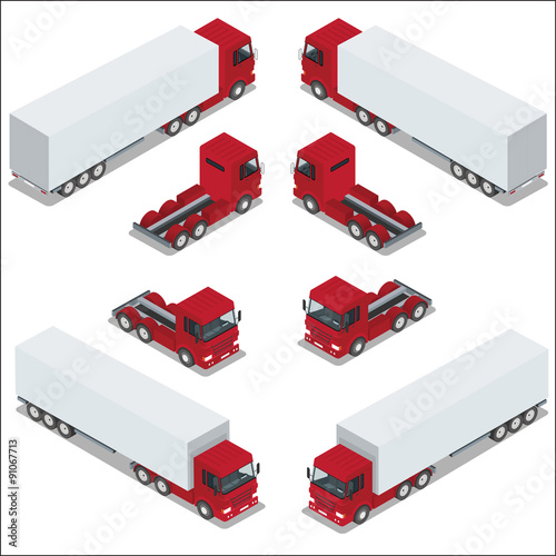 Flat 3d isometric high quality city transport icon set. Vector illustration cargo truck