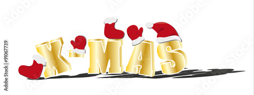 xmas Schriftzug mit Mütze Handschuhen und Stiefel