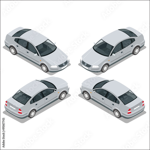 Flat 3d isometric high quality city transport icon set. Gray car. Sedan automobile.